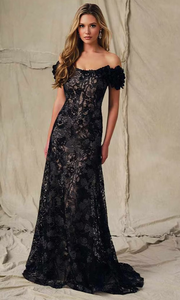 cap sleeve a line dress Ivonne D ID2205 - Long Allover Lace with Metallic Thread, Three- Dimensional Flowers, Beading, Sequin & Stone Accents A-line Evening Wear MotionRib A-Line Satin Wedding Dress Color:Black White Floral