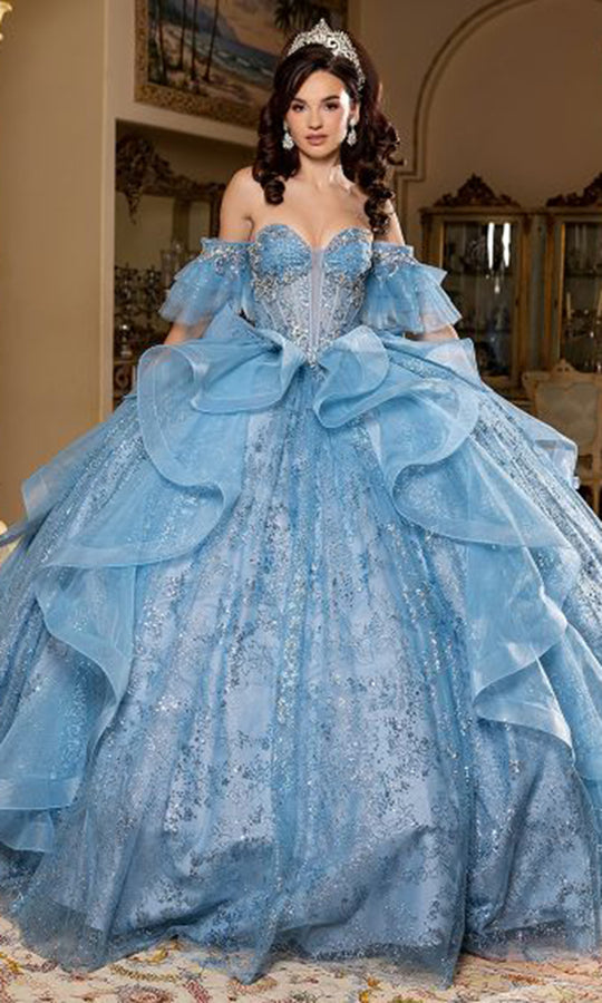 May Queen LK296 - Beaded Bodice Off Shoulder Ruffle Ballgown
