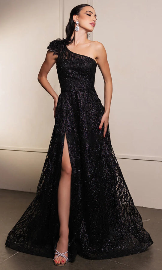 May Queen MQ2024B - Feather Accent One Shoulder Evening Gown