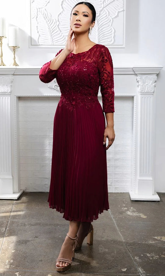 May Queen MQ2189 - Lace Bodice Pleated Tea-Length Dress