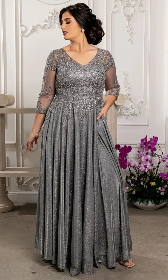 May Queen MQ2227 - Beaded Lace Illusion Sleeve Formal Gown