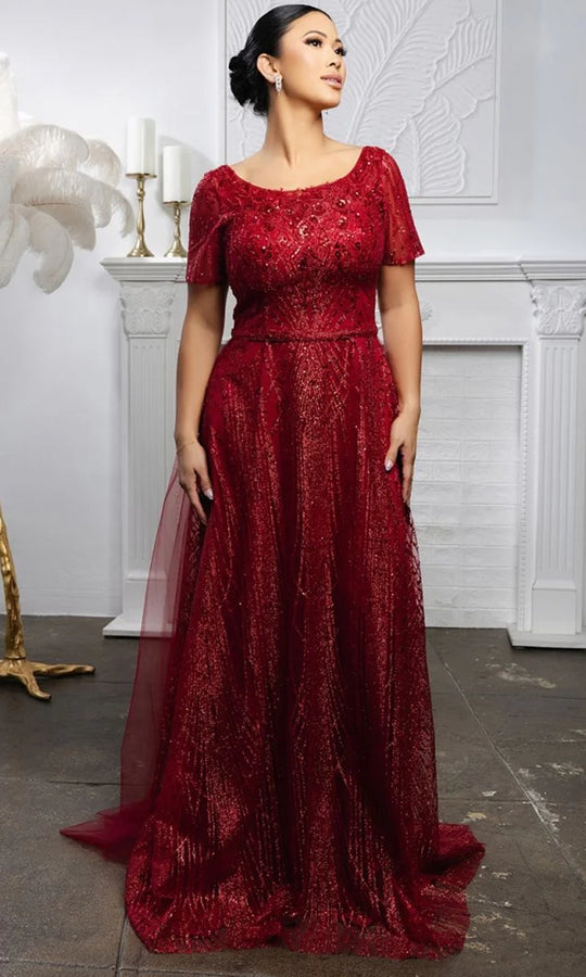 May Queen MQ2185 - Short Sleeve Sparkle A-Line Formal Gown