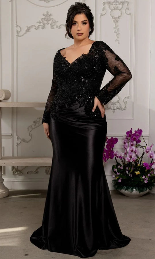 May Queen MQ2204 - Beaded Long Sleeve Sheath Formal Gown