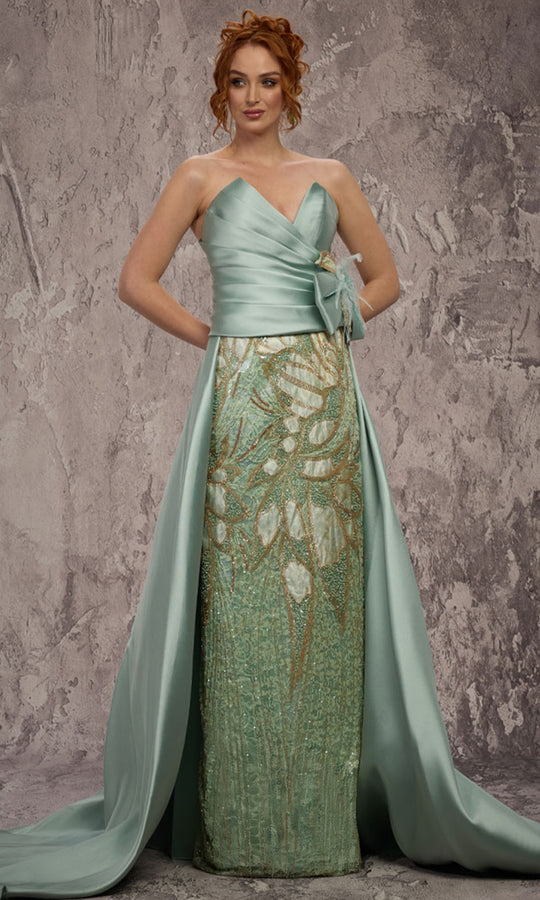 MNM COUTURE J03497 - Geometric Beaded Column Gown with Overskirt