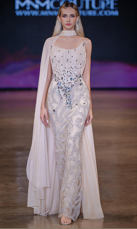 MNM COUTURE J03590 - Scoop Neck Corset Evening Gown with Cape