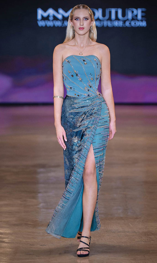 MNM COUTURE J03597 - Strapless Crystal Slit Evening Gown