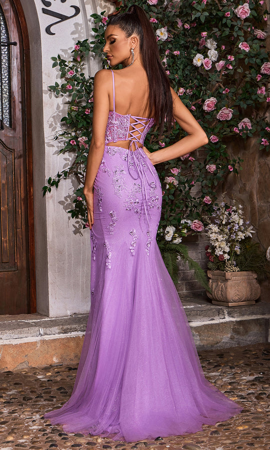 J'Adore Dresses J26009 - Floral Applique Scoop Neck Slit Gown