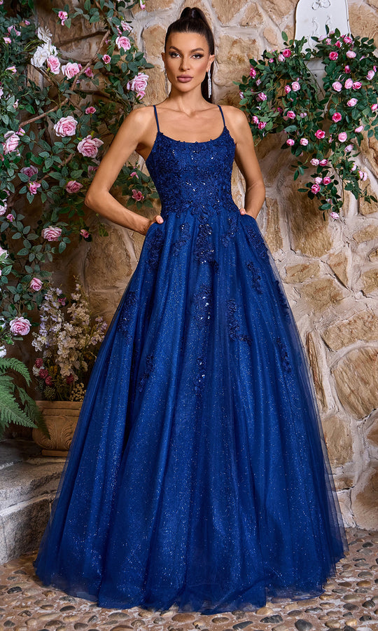 J'Adore Dresses J26010 - Lace-Up Back Floral Applique Ballgown