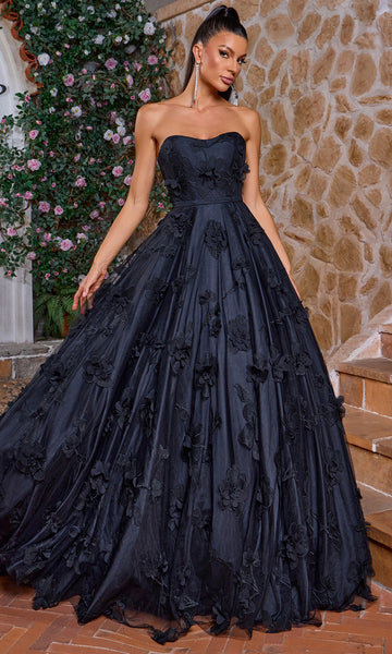 black dress with purple accessories Dani Gown in Black – A-Line Tulle Lace Formal Dress main image 0
