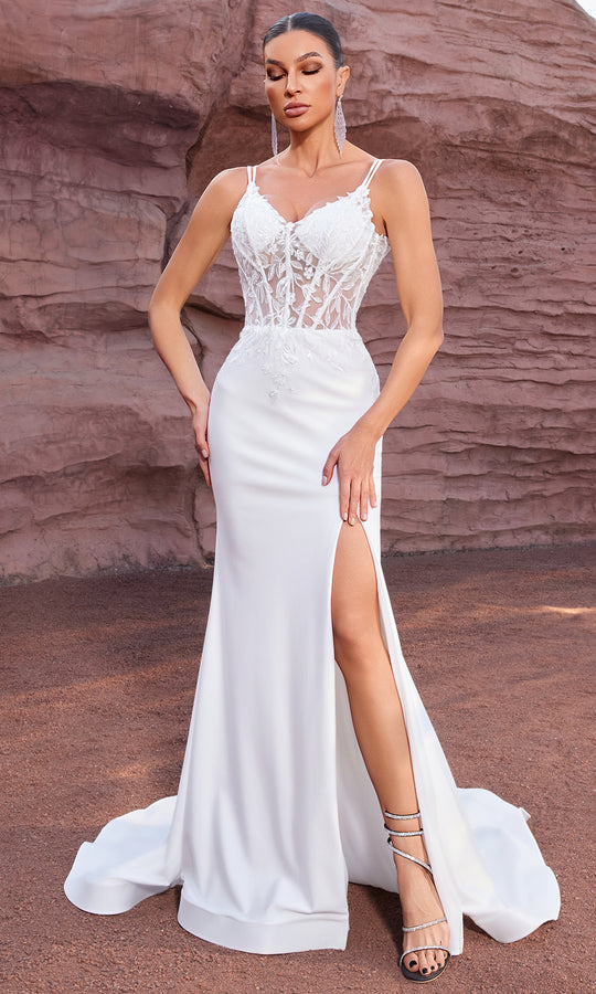 J'Adore Dresses J27011 - Strappy Back Lace Applique Satin Evening Gown