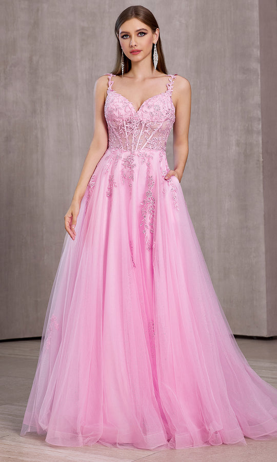 J'Adore Dresses J28022 - Sleeveless Corset Ballgown with Lace Applique