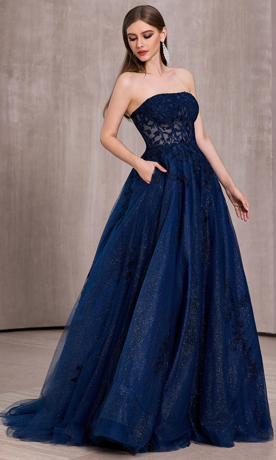 J'Adore Dresses J28023 - Embroidered Straight Neckline Ballgown