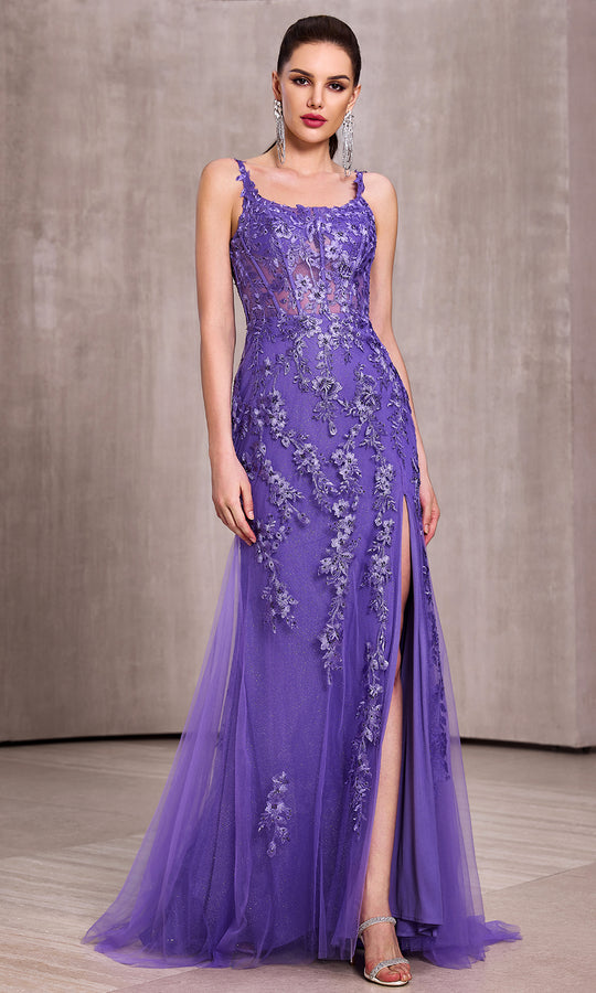 J'Adore Dresses J28028 - Floral Embroidered Lace-Up Back Evening Gown