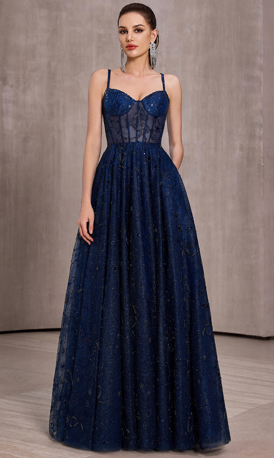 J'Adore Dresses J28033 - Beaded Bodice Spaghetti Strap Evening Gown