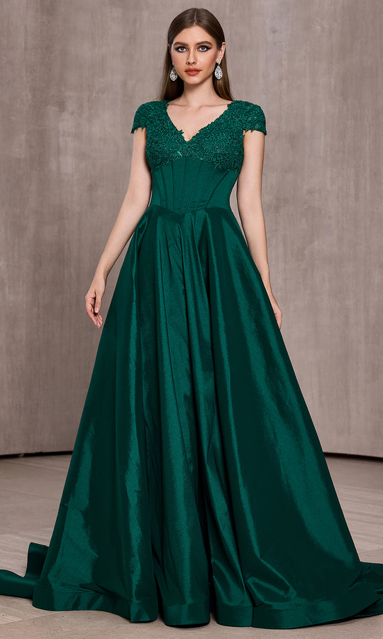 J'Adore Dresses J28047 - Embroidered Cap Sleeve Taffeta Ballgown