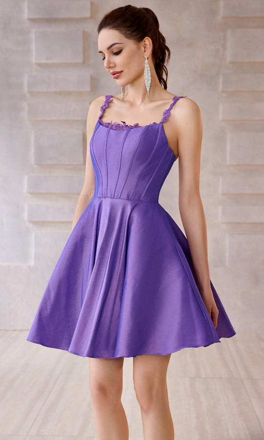 J'Adore Dresses J28072 - Scoop Neck Taffeta Mini Dress with Appliques