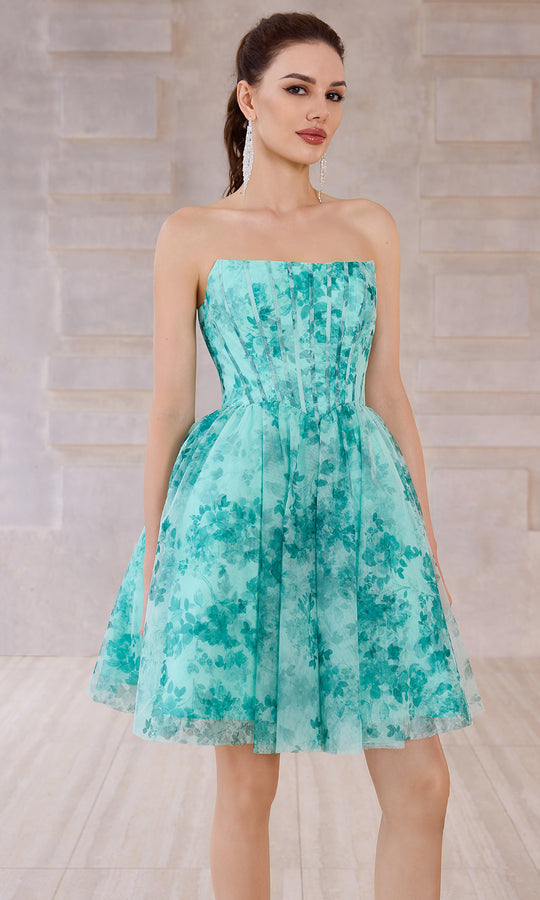 J'Adore Dresses J28075 - Printed Tulle Straight Neckline Mini Dress
