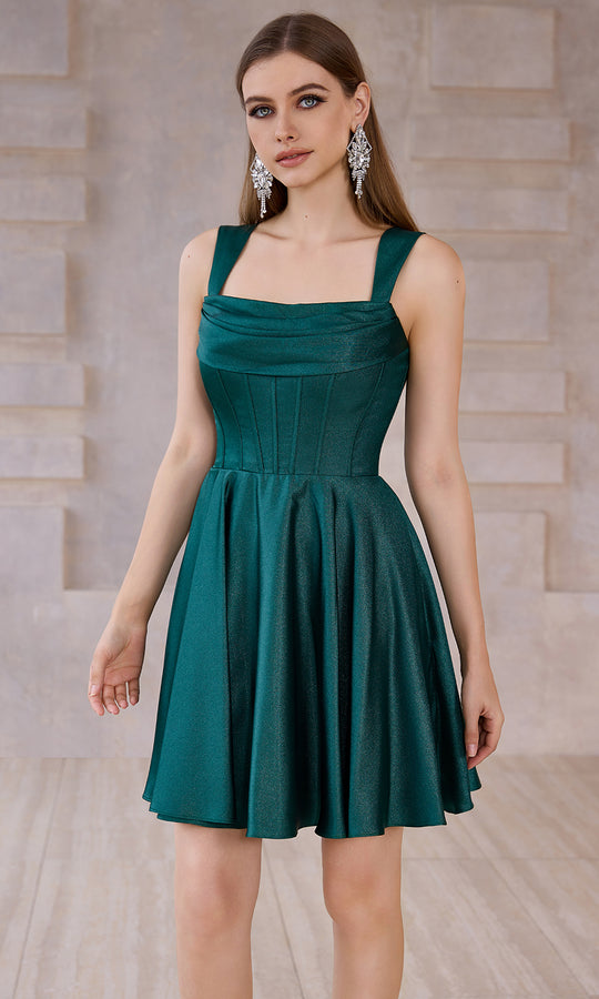 J'Adore Dresses J28084 - Shimmer Satin Draped Neckline Short Dress