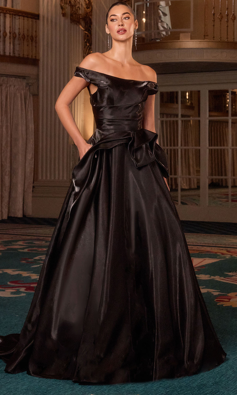 open lace back dress Ladivine J885 - Long Liquid Organza Ballgown Dress