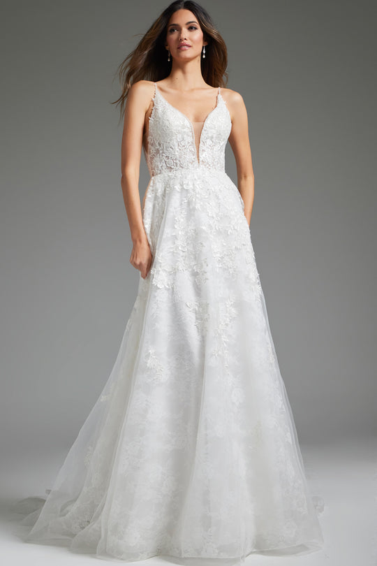 Jovani Bridal - JB07147 Floral Lace Embroidered A-Line Bridal Gown