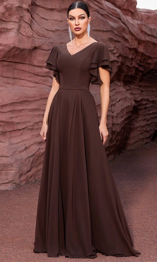 J'Adore Dresses JM402 - Flutter Sleeve Flowing A-Line Evening Gown