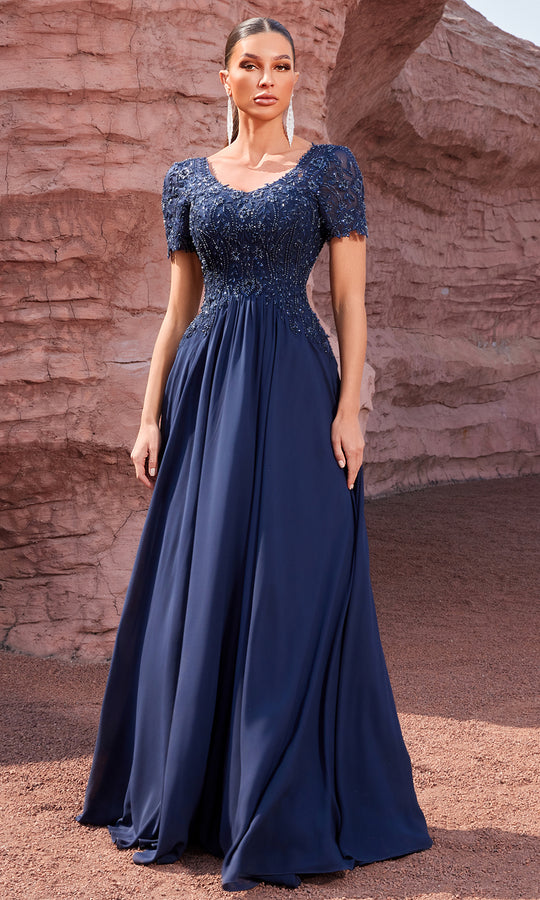J'Adore Dresses JM406 - Illusion Short Sleeve Beaded Evening Gown