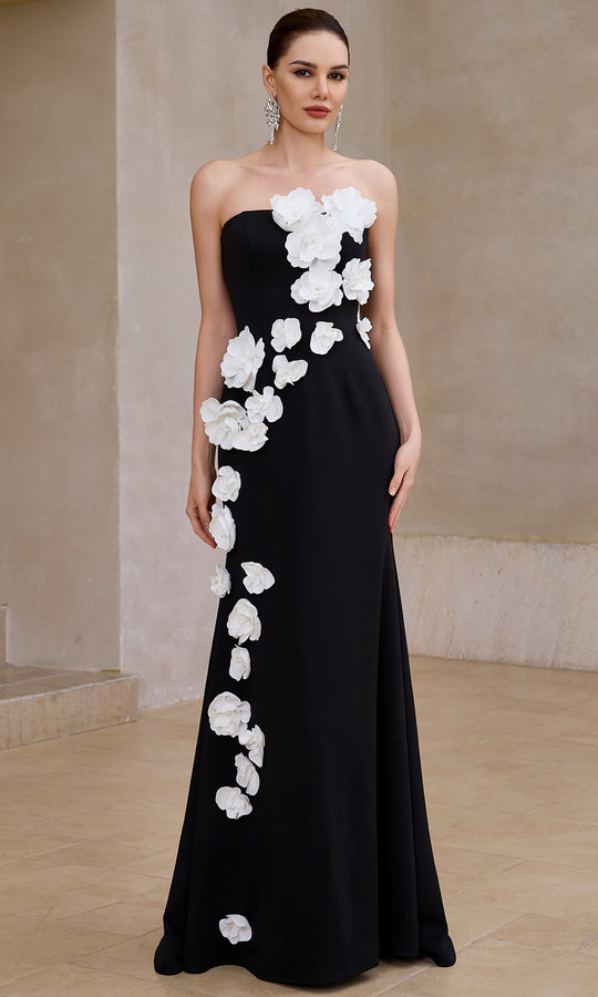J'Adore Dresses JM503 - Floral Applique Straight Neck Jersey Gown