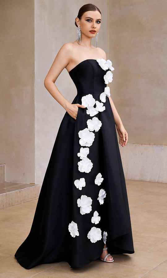 J'Adore Dresses JM504 - Strapless 3D Floral Accent Mikado Gown
