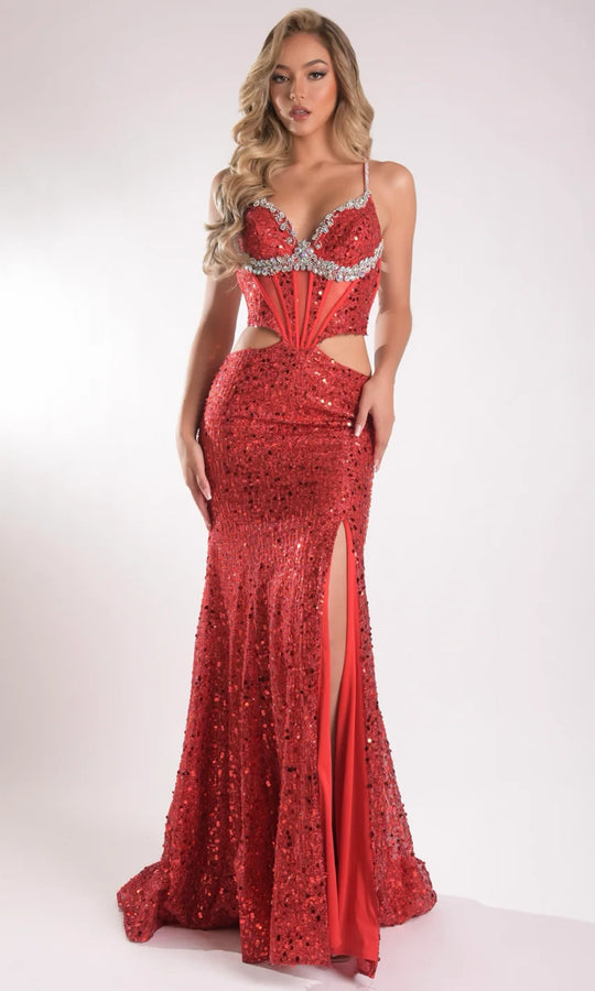 Jasz Couture 7916 - Cutout Waist Beaded Spaghetti Strap Gown