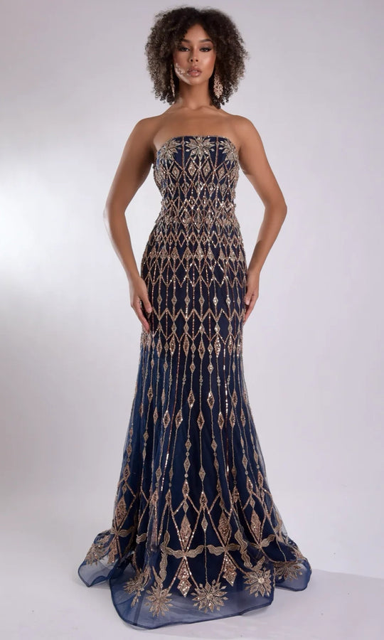 Jasz Couture 7947 - Geometric Pattern Straight Neckline Prom Gown