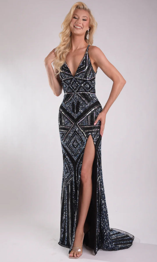 Jasz Couture 7950 - Geometric Beaded V-Neckline Fitted Gown