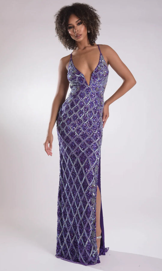 Jasz Couture 7953 - Lattice Pattern Plunging V-Neck Evening Gown