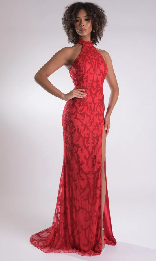 Jasz Couture 7956 - High Halter Allover Beaded Evening Gown