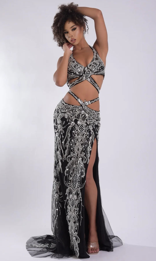 Jasz Couture 7900 - Cutout Bodice Plunging Halter Prom Gown