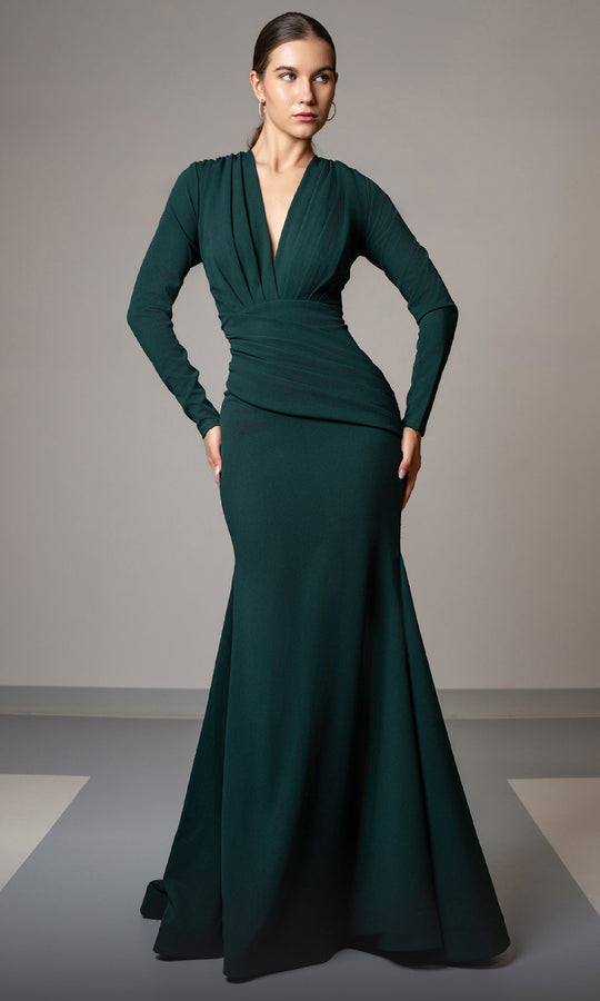 MNM Couture L0002F - Draped Long Sleeve Mermaid Gown