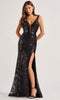 Colette by Daphne LC9016 - Sequin Lace Prom Dress with Slit In Black