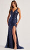 Colette by Daphne LC9016 - Sequin Lace Prom Dress with Slit In Blue