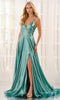 Colette by Daphne LC9054 - Deep V-Neck Liquid Lame Dress with Pockets In Green