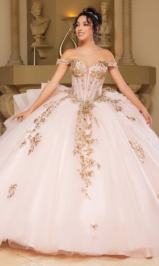 May Queen LK272 - Sequin Applique Off Shoulder Ballgown