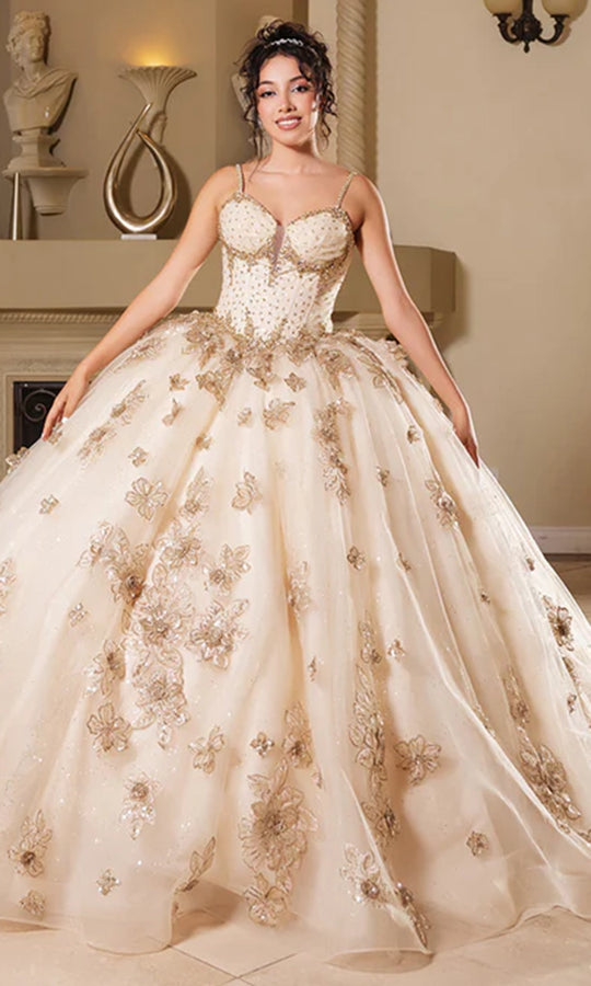 May Queen LK282 - Floral Embellished Spaghetti Strap Ballgown