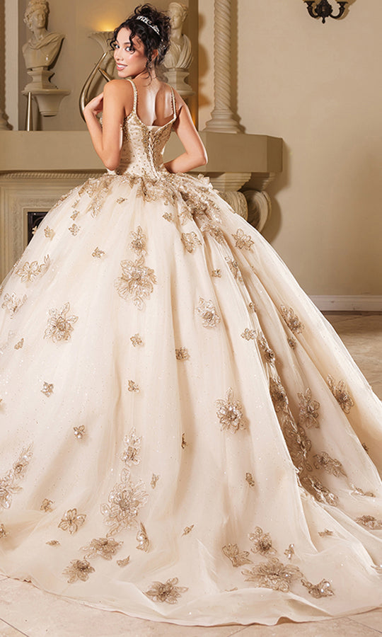 May Queen LK282 - Floral Embellished Spaghetti Strap Ballgown