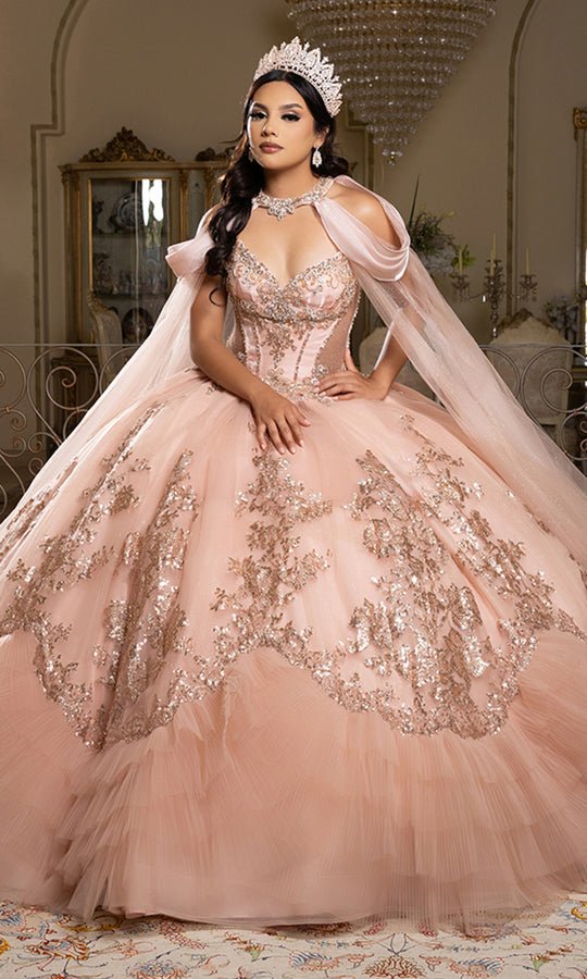 May Queen LK284 - Tiered Hem Deep V-Neckline Ballgown