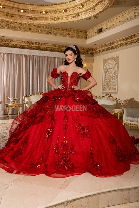 May Queen LK295 - Plunging Sweetheart Floral Accent Ballgown