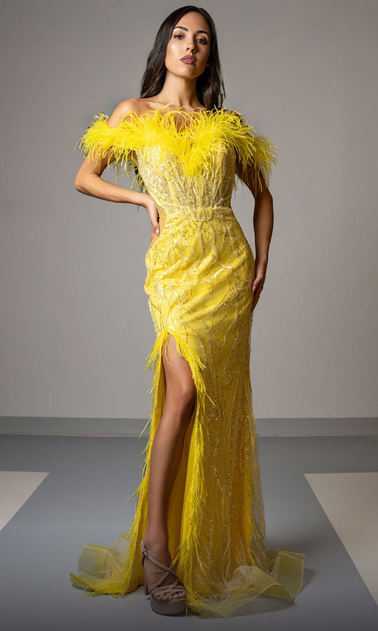 MNM COUTURE M1048 - Off Shoulder Feather Trim Gown
