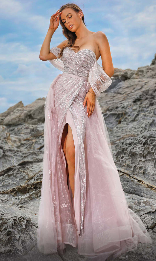 MNM COUTURE M1058 - Draped Sleeve Embellished A-Line Gown