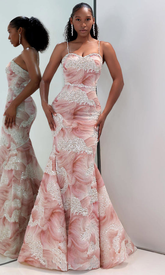 MNM COUTURE M1133 - Beaded Spaghetti Strap Mermaid Gown