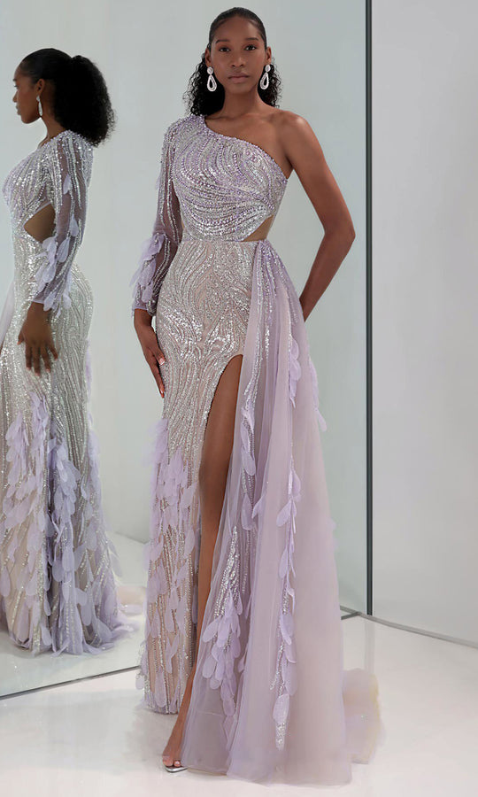 MNM COUTURE M1310 - Petal Applique One Sleeve Evening Gown