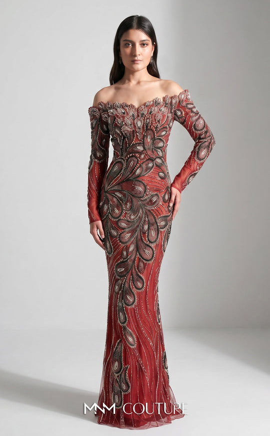 MNM COUTURE M1316 - Embellished Feather Sheath Evening Gown