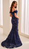 Montage by Mon Cheri M3215 - Off Shoulder 3D Floral Evening Dress In Blue and Neutral