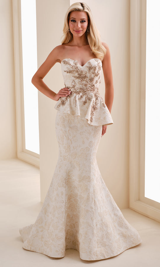 Montage M4208BRCD - Strapless Brocade Mermaid Gown with Peplum Detail